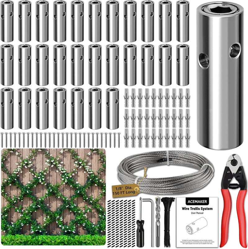 Acemaker Wire Trellis for Climbing Plants Outdoor, 30-Set Wall Wire Trellis Kit with 1/8in x 150ft Stainless Steel Cable & Cutter, T316 Cylindrical Espalier System for Fence and Garden DIY Projects - Image 1
